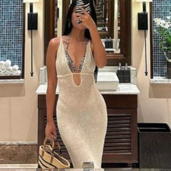 Beige Knit Coverup Dress Tie Straps Long Form Fitting Maxi Deep V-Cut - Picture 11 of 11